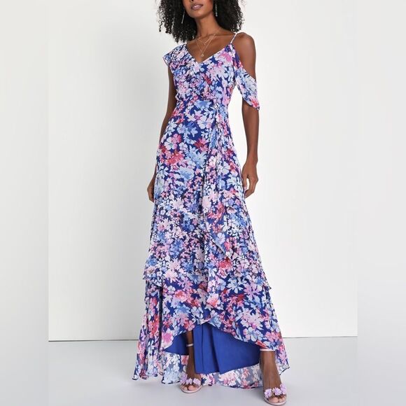 Lulus Radiant Blue Floral Print Chiffon Maxi Dress Size Small - Picture 1 of 9